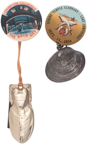EARLY 1900s COLUMBUS OHIO CITY PROMO AND 1934 SHRINE CLAM BUTTON PAIR W/SUSPENSIONS.
