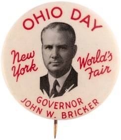 1939 NYWF BUTTON ISSUED FOR OHIO DAY SHOWING GOV. JOHN BRICKER.
