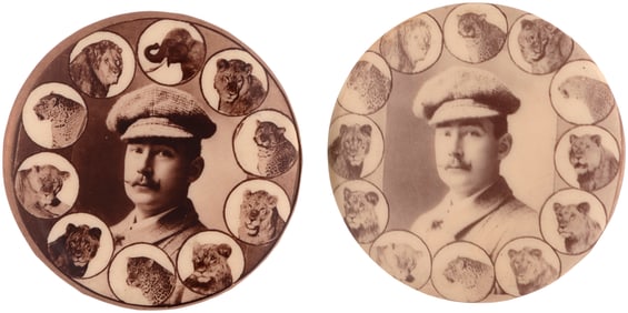 EARLY 1900s FRANK C. BOSTOCK ANIMAL TRAINER REAL PHOTO BUTTON PAIR (ONE IS EX-HAKE COLLECTION/CPB