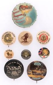 1900-1930s LION THEME BUTTONS (8) AND FARM EQUIPMENT LITHO TIN PINHOLDER.