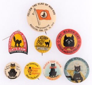 C. 1900-1920s BLACK CAT THEME BUTTONS (8) AND DIE-CUT CELLO STICKPIN.