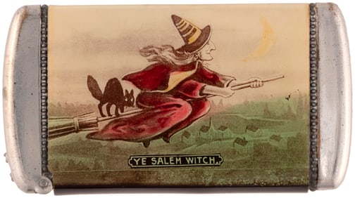 EARLY 1900s "YE SALEM WITCH - OLD WITCH HOUSE" RARE & BEAUTIFUL MATCH SAFE.