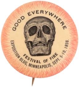 1898 ADMISSION BUTTON TO MINNEAPOLIS FESTIVAL OF FIRE CELEBRATION OF VICTORY OVER SPAIN FEATURING