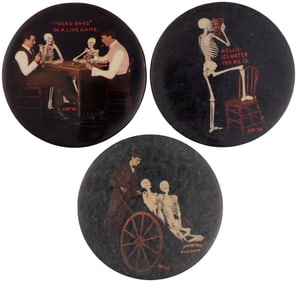 1905 SKELETONS ON POCKET MIRRORS RARE TRIO FROM THIS INTERESTING SERIES.