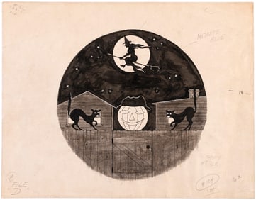 1930s HALLOWEEN PINBACK BUTTON ORIGINAL ART FROM THE PARISIAN NOVELTY CO. ARCHIVES.