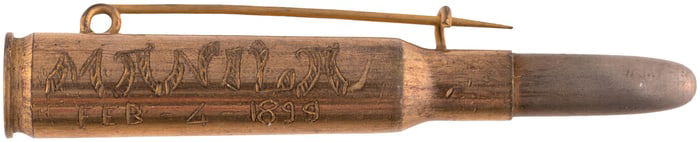 1899 HAND ENGRAVED RIFLE BULLET CONVENTED TO A PIN FOLLOWING THE BATTLE OF MANILA.