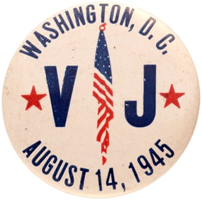 RARE VICTORY OVER JAPAN WASHINGTON D.C. BUTTON DATED AUGUST 14, 1945.