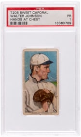 1909-11 T206 SWEET CAPORAL WALTER JOHNSON (HOF) HANDS AT CHEST ROOKIE-ERA PSA 1 POOR.