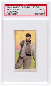 1909-11 T206 WHITE BORDER SWEET CAPORAL 150/30 NAP LAJOIE (HOF) THROWING PSA 2 GOOD.