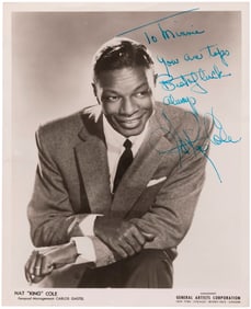 1950s NAT KING COLE SUPERB VINTAGE PUBLICITY PHOTO SIGNED TO BASEBALL HALL OF FAMER MINNIE MINOSO