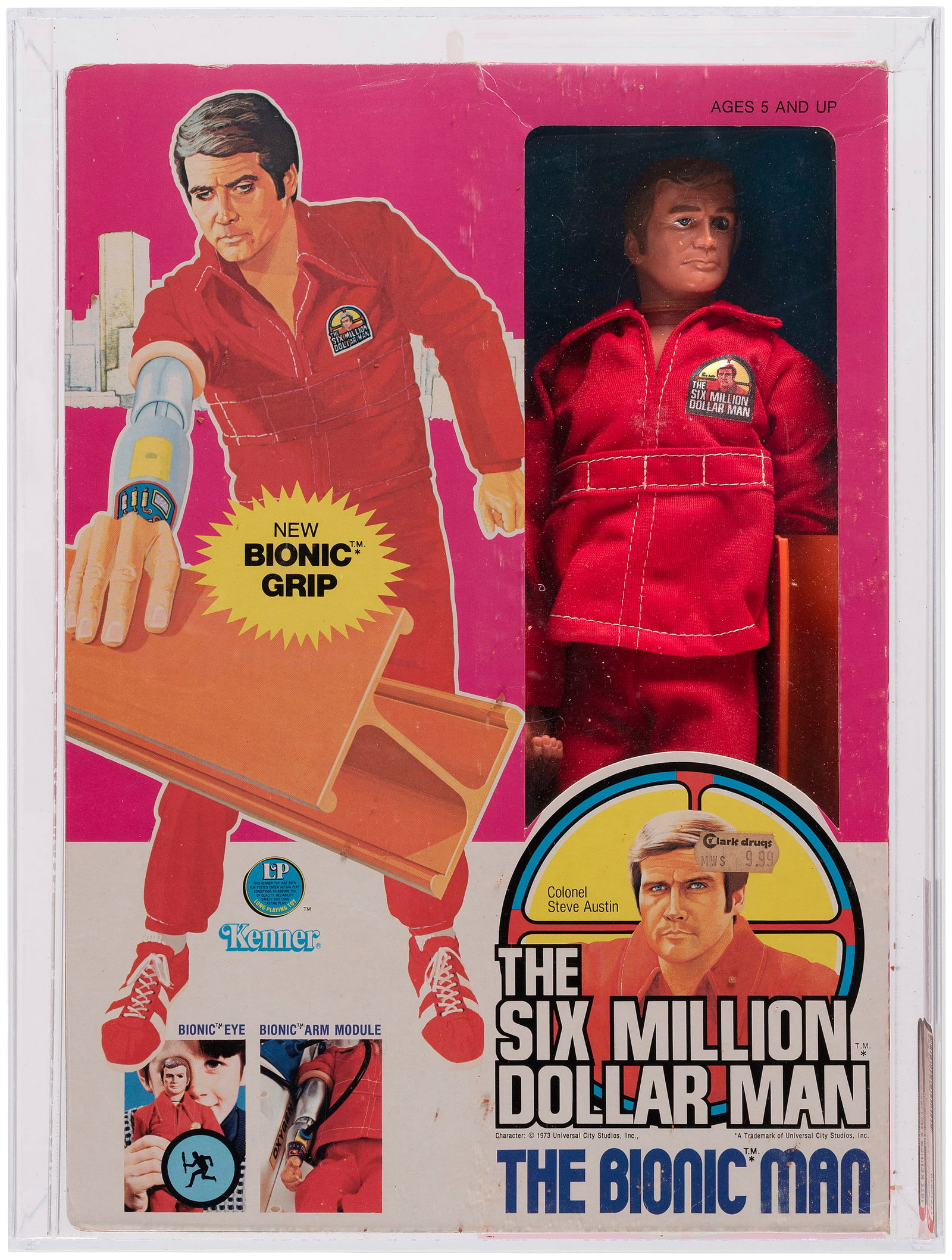 THE SIX MILLION DOLLAR MAN (1977) - THE BIONIC MAN AFA 80 NM.: Window box contains 12" tall Kenner action figure w/"New Bionic Grip" as well as "Bionic Eye" viewing port and "Bionic Arm Nodule." AFA subgrades are as follows - B80 W85 F85. Iconic 1970s action figu