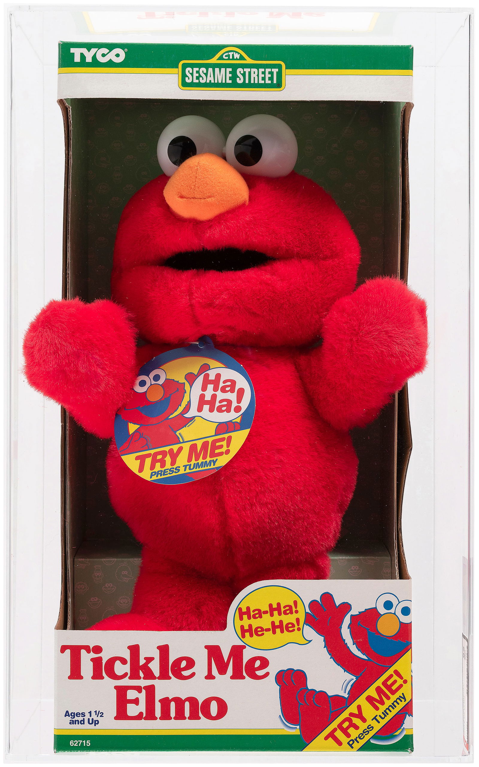 SESAME STREET (1996) - TICKLE ME ELMO TALKING PLUSH DOLL AFA 85 NM+.: Display box contains 15" tall plush doll by Tyco Preschool, ©1996 Children's Television Workshop/Jim Henson Productions, Inc. Based on the Sesame Street Muppet Elmo, the doll giggles when squeeze