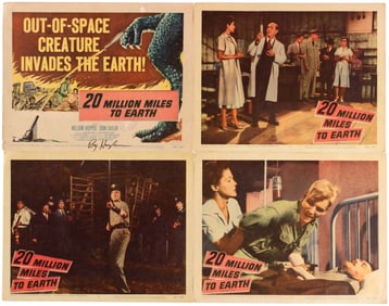 20 MILLION MILES TO EARTH LOBBY CARD SET WITH TITLE CARD SIGNED BY RAY HARRYHAUSEN.