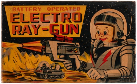 1960s JAPANESE TIN LITHO BATTERY OPERATED ELECTRO RAY-GUN IN BOX.
