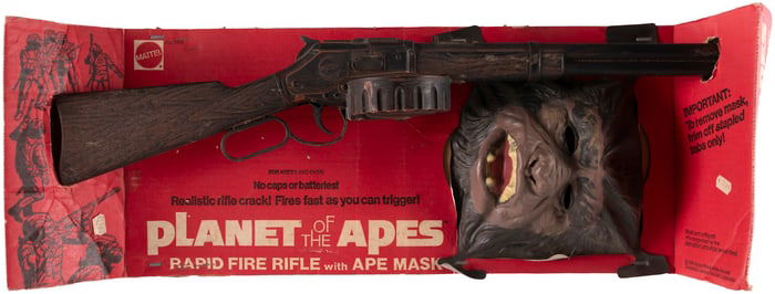 1970s PLANET OF THE APES - RAPID FIRE RIFLE WITH APE MASK BOXED GUN SET.