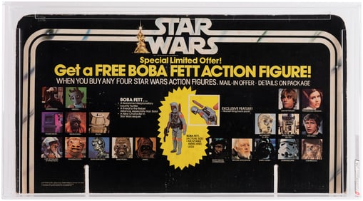 STAR WARS (1979) - "GET A FREE BOBA FETT ACTION FIGURE" 20 BACK DISPLAY HEADER AFA 75 EX+/NM (FIRING