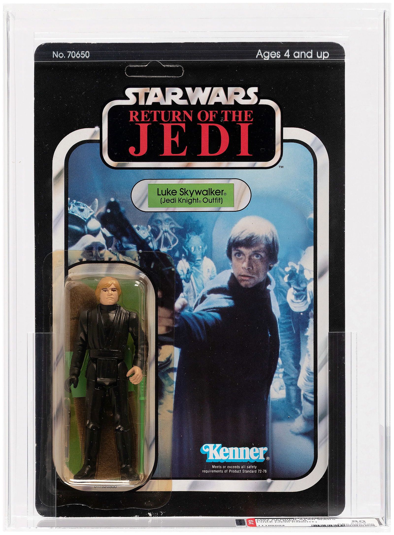 STAR WARS: RETURN OF THE JEDI (1983) - LUKE SKYWALKER (JEDI KNIGHT) 65 BACK-B AFA 80 Y-NM.: Blister card contains 3.75" tall Kenner action figure. Card has been partially punched, but hang tab remains in place. Blister is yellow. Archival case. AFA subgrades are as follows - C80 B80 F90.