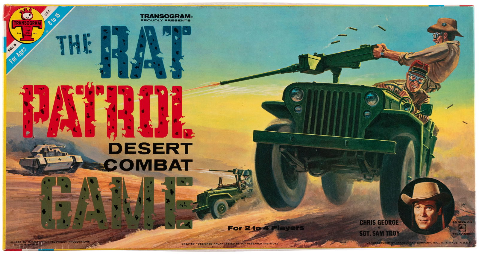 THE RAT PATROL DESERT COMBAT GAME 1966 TRANSOGRAM GAME IN UNUSED CONDITION.: 9x17.5x1-7/8" deep box contains complete parts for Transogram game No. 3821. ©1966 Mirisch-Rich Television Productions. Based on the ABC-TV World War II show, box lid features inset photo portrai