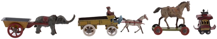 PENNY TIN TOY LOT OF FOUR (HORSES, ELEPHANT, TROLLEY) c. 1920s.