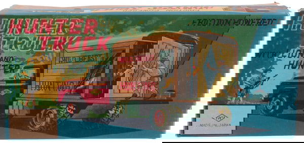1950s TIN LITHO HUNTER TRUCK W/LION AND HUNTER - YOSHIYA JAPAN FRICTION POWERED IN BOX.