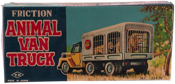 1950s TIN LITHO ANIMAL VAN TRUCK YOSHIYA JAPAN FRICTION POWERED TRUCK W/LION PAIR IN BOX.
