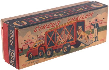 1950s TIN LITHO AMERICAN CIRCUS TRUCK & TRAILER - YOSHIDA SEISAKUSHO JAPAN FRICTION POWERED IN BOX.