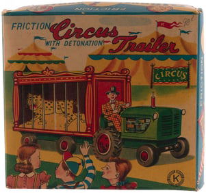 1950s CIRCUS TRAILER SANKEI JAPAN FRICTION TIN CAGE TRAILER AND TRACTOR IN BOX.