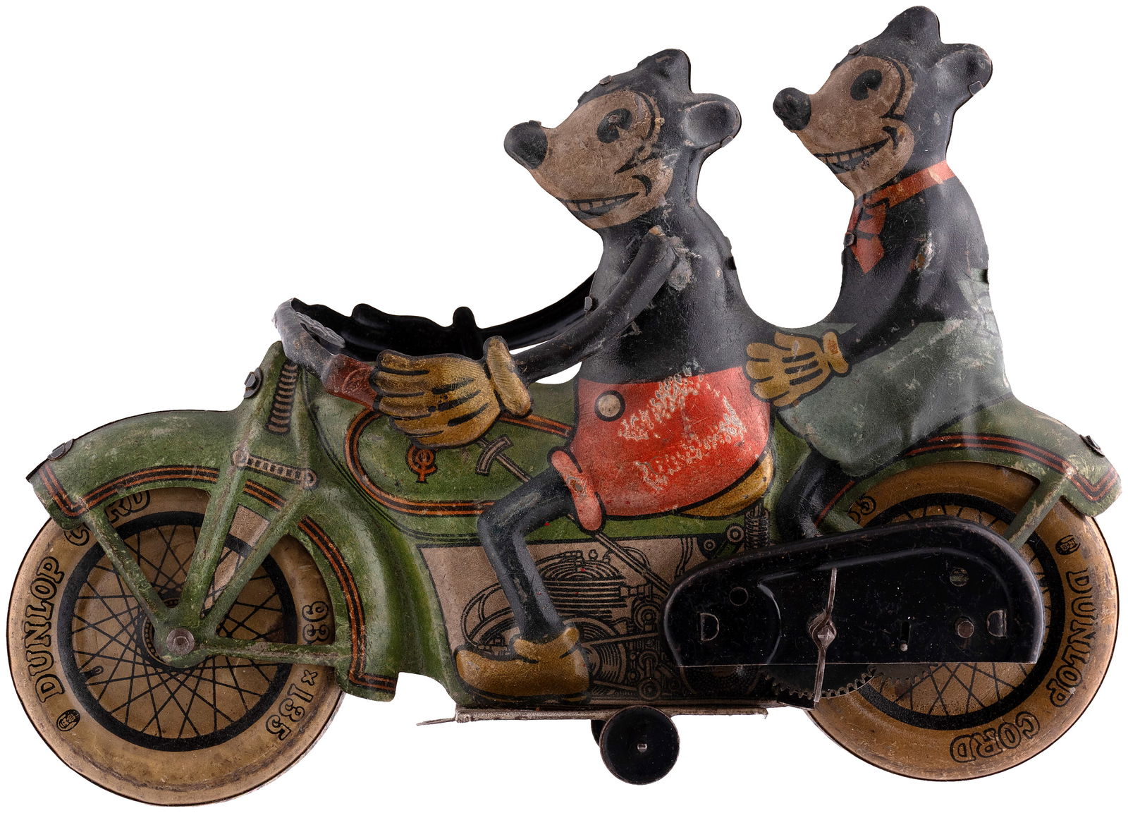 MICKEY AND MINNIE MOUSE ON MOTORCYCLE 1930 TIPP & CO. TIN WIND-UP TOY.: 2.5x9.5x6.5" tall toy w/built-in key. Made in Germany by Tipp & Co., 1930. Classic toys depicts Mickey and Minnie Mouse riding motorcycle and is considered to be the most desirable Disney toy, not onl