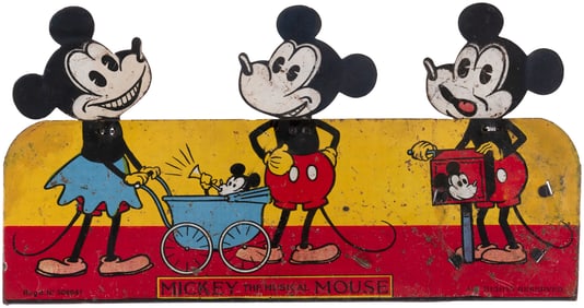 MICKEY & MINNIE MOUSE "MICKEY THE MUSICAL MOUSE" EXTREMELY RARE 1930s MUSICAL TIN TOY.