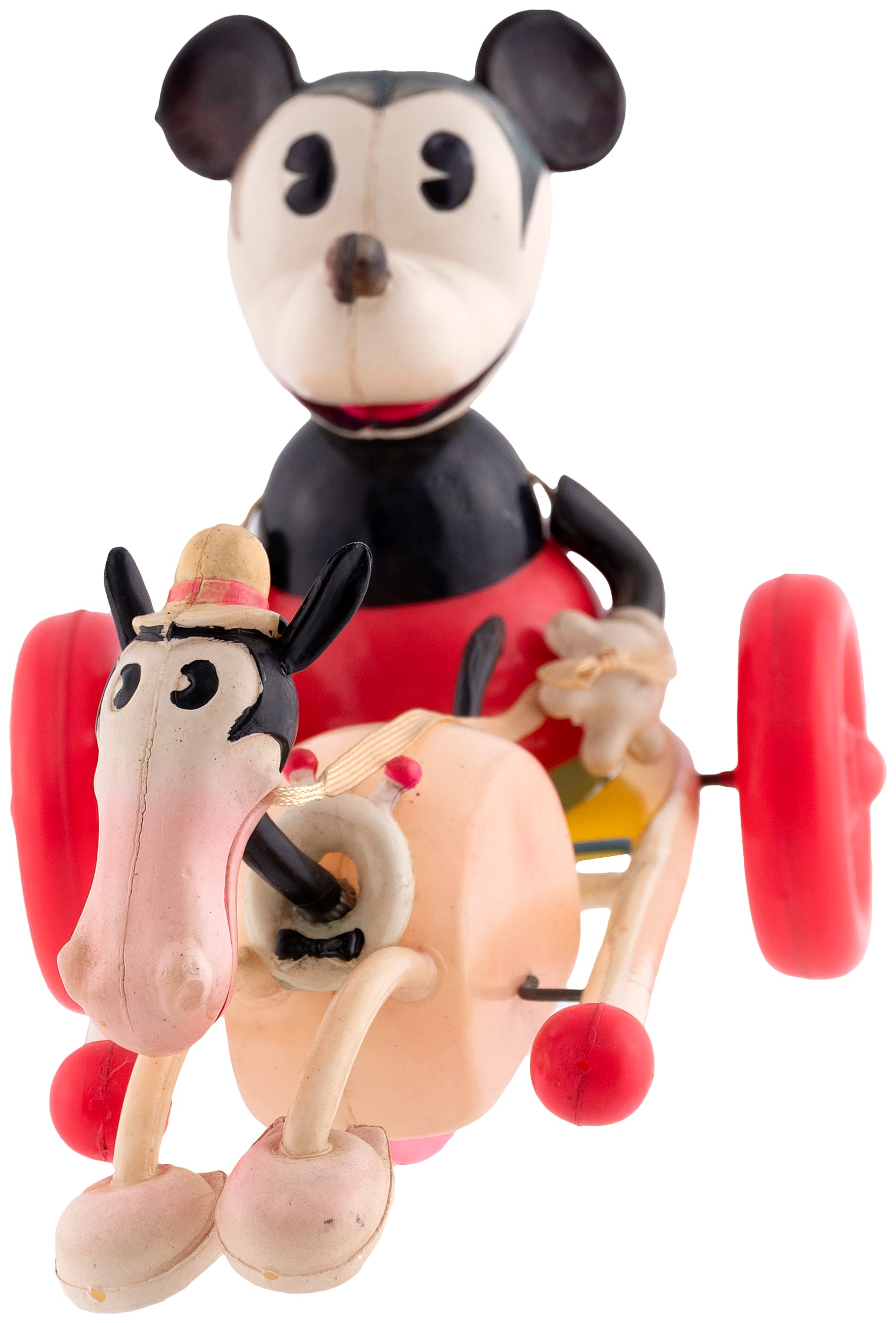 MICKEY MOUSE CHARIOT BEING PULLED BY HORACE HORSECOLLAR EXTREMELY RARE 1930s CELLULOID WIND-UP.: Toy has overall size of 4.75x8.75x5.75" tall and depicts Mickey Mouse from the waist up, seated in chariot style cart holding ribbon reins attached to figure of Horace Horsecollar, who has separate wh