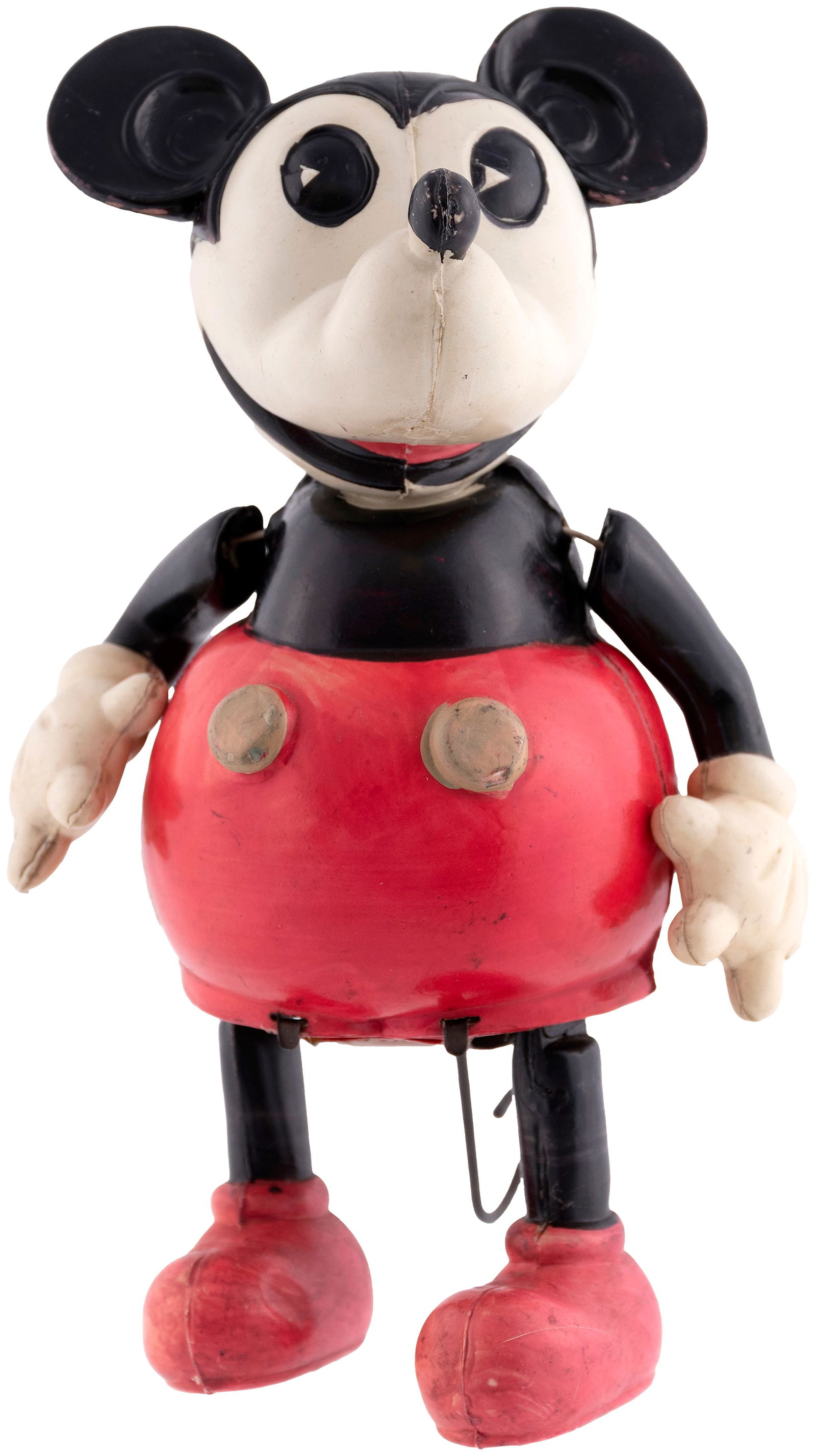 MICKEY MOUSE RAMBLING RARE BOXED 1934 CELLULOID TOY.: Original cardboard box w/illustrated lid label contains 7.25" tall celluloid toy w/built-in key on back and long wire metal tail. Raised "Made In Japan" text on Mickey's back along w/Disney copyright.