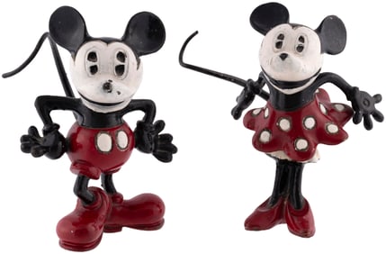 MICKEY & MINNIE MOUSE IMPRESSIVE & RARE 1934 ENGLISH CAR MASCOT HOOD ORNAMENT PAIR.