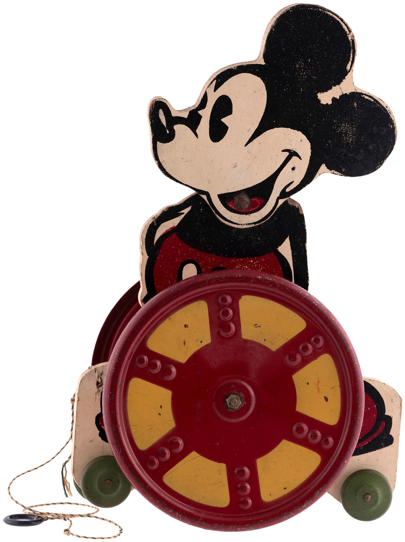 MICKEY MOUSE LARGE 1935 N.N. HILL BRASS CO. PULL TOY.: This is toy No. 592M as shown in N.N. Hill Brass Company's 1935 catalog featuring their "New Mickey Mouse Line." Toy stands 14.5" tall w/7" dia. wheels and jigsawed wooden silkscreened body w/separate
