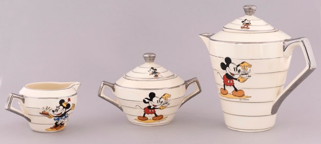 MICKEY & MINNIE MOUSE 1930s ART DECO STYLE TEA SET BY FAIENCERIE D’ONNAING CHINA COMPANY OF FR