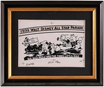 1939 DISNEY ALL STAR PARADE THREE LITTLE PIGS & BIG BAD WOLF DAIRY PREMIUM GLASSES ORIGINAL ART.