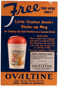 ORPHAN ANNIE OVALTINE SHAKE-UP MUG 1931 DISPLAY WITH MUG & 1938 MUG.