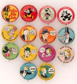 1930s PHILADELPHIA EVENING LEDGER & RADIO STATION WIP SET OF 14 COMIC CHARACTER BUTTONS W/MICKEY MOU