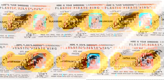 NABISCO "SHREDDIES" 1960s PLASTIC PIRATE RING PREMIUM SET WITH UNCUT SHEET & ORIGINAL ART.