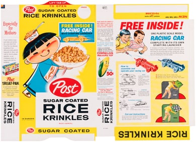 POST "SUGAR COATED RICE KRINKLES" 1960s FILE COPY CEREAL BOX FLAT WITH "RACING CAR" OFFER.