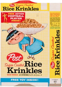POST "RICE KRINKLES" 1962 FLATTENED CEREAL BOX WITH FOOTBALL CARDS & ACTION FOOTBALL PLAYER PREMIUM
