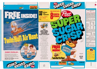 POST "SUPER SUGAR CRISP" 1970s FILE COPY CEREAL BOX FLAT WITH "TWIN-HULL AIR BOAT" OFFER & PREMIUM S
