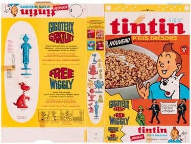 QUAKER "TINTIN P'TITS TRÉSORES" 1966 CANADIAN CEREAL BOX FLAT & CANADIAN "WIGGLY" FIGURE PREMIU
