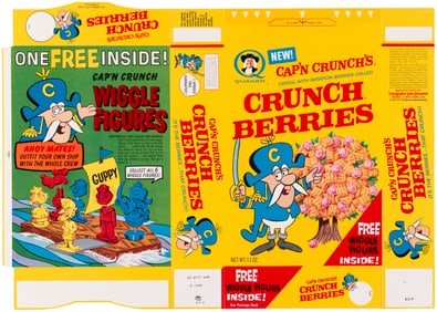 QUAKER "CAP'N CRUNCH'S CRUNCH BERRIES" 1960s FILE COPY CEREAL BOX FLAT & "WIGGLE FIGURES" PREMIUM SE