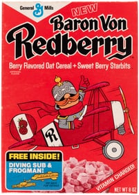 GENERAL MILLS "BARON VON REDBERRY" RARE 1973 CEREAL BOX & PREMIUM LOT.