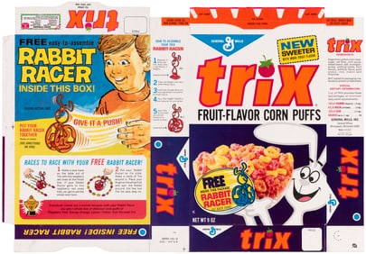 GENERAL MILLS "TRIX" 1970 FILE COPY CEREAL BOX FLAT WITH RABBIT RACER PREMIUM SET.