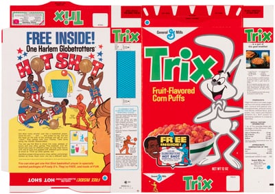 GENERAL MILLS "TRIX" 1970 FILE COPY CEREAL BOX FLAT WITH "HARLEM GLOBETROTTERS HOT SHOT" PREMIUM SET