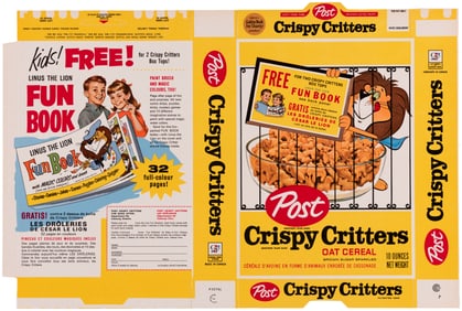 POST "CRISPY CRITTERS" 1964 CANADIAN FILE COPY CEREAL BOX FLAT WITH LINUS THE LION FUN BOOK OFFER &