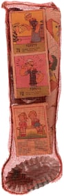 1939 CHRISTMAS GIFT STOCKING WITH POPEYE BIG LITTLE BOOK CARD STRIP AND COMIC GUM FOLDER.