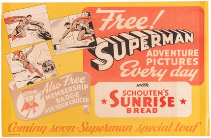 1941 SUPERMAN BREAD CARD PROMOTION VERY RARE STORE WINDOW SIGN (1 OF 2 KNOWN).
