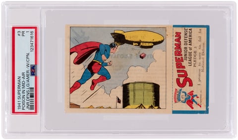 1941 SUPERMAN PREMIUM BREAD CARD #3 COMPLETE WITH STAMP PSA 1 POOR.